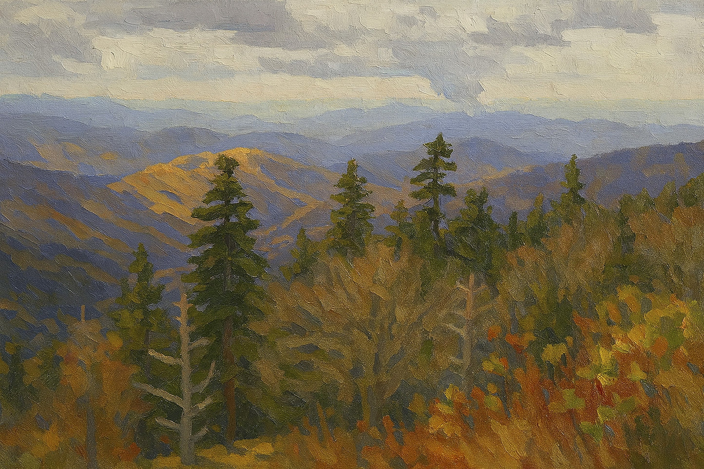 Layered autumn ridges in gold, orange, and red receding to blue-purple hazy mountains in the distance.