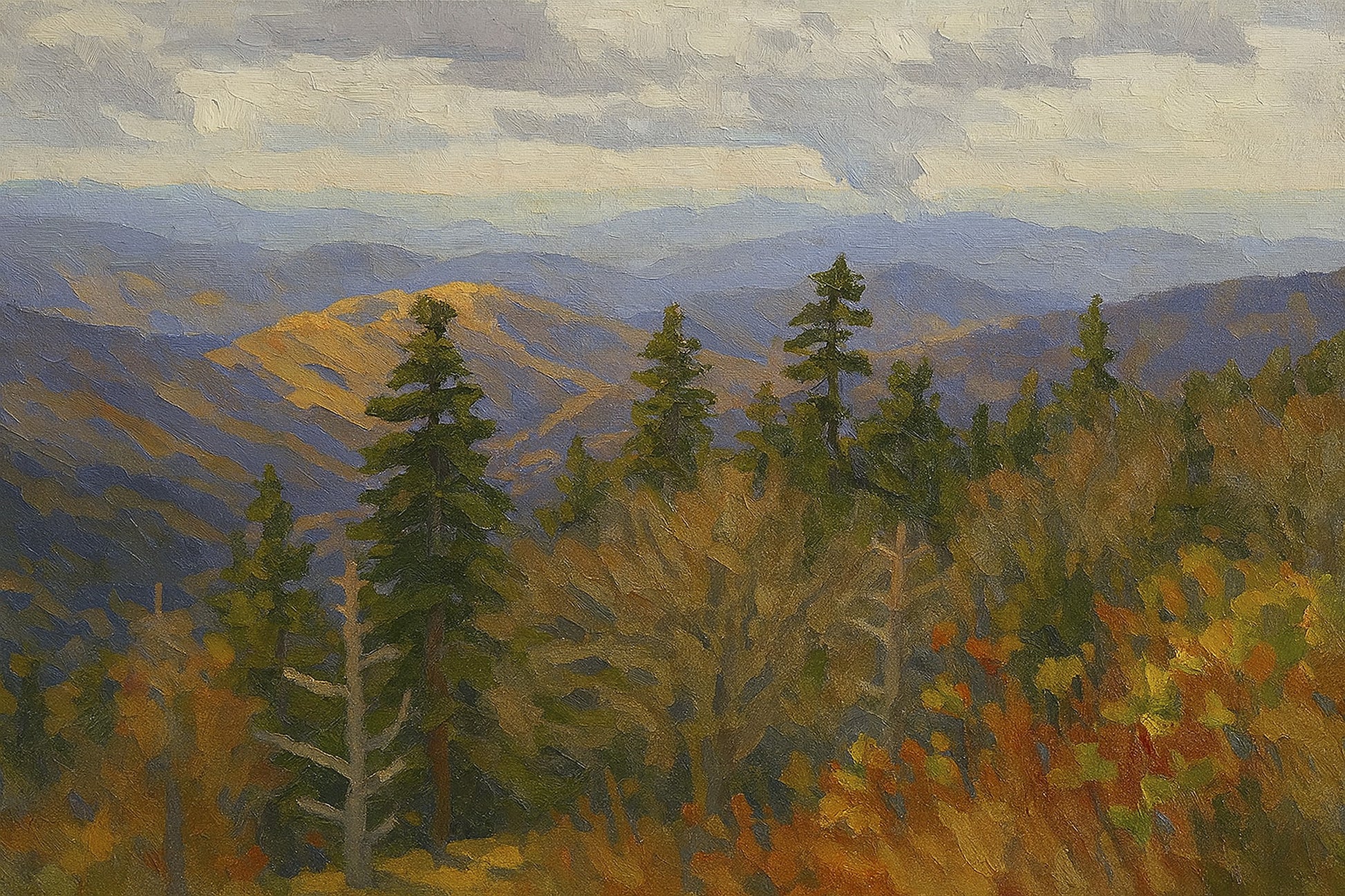 Layered autumn ridges in gold, orange, and red receding to blue-purple hazy mountains in the distance.