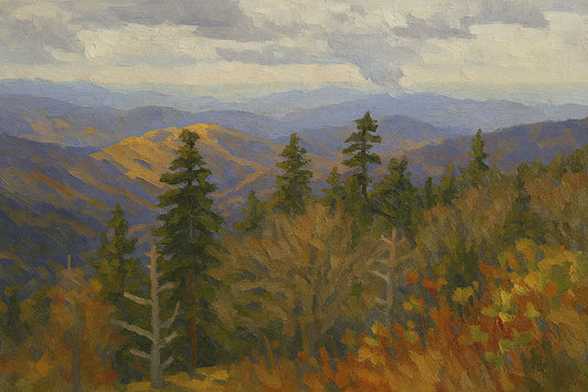 Landscape view from Clingmans Dome in Great Smoky Mountains National Park, Tennessee and North Carolina, featuring layered autumn ridges in gold, orange, and red receding to blue-purple hazy mountains.