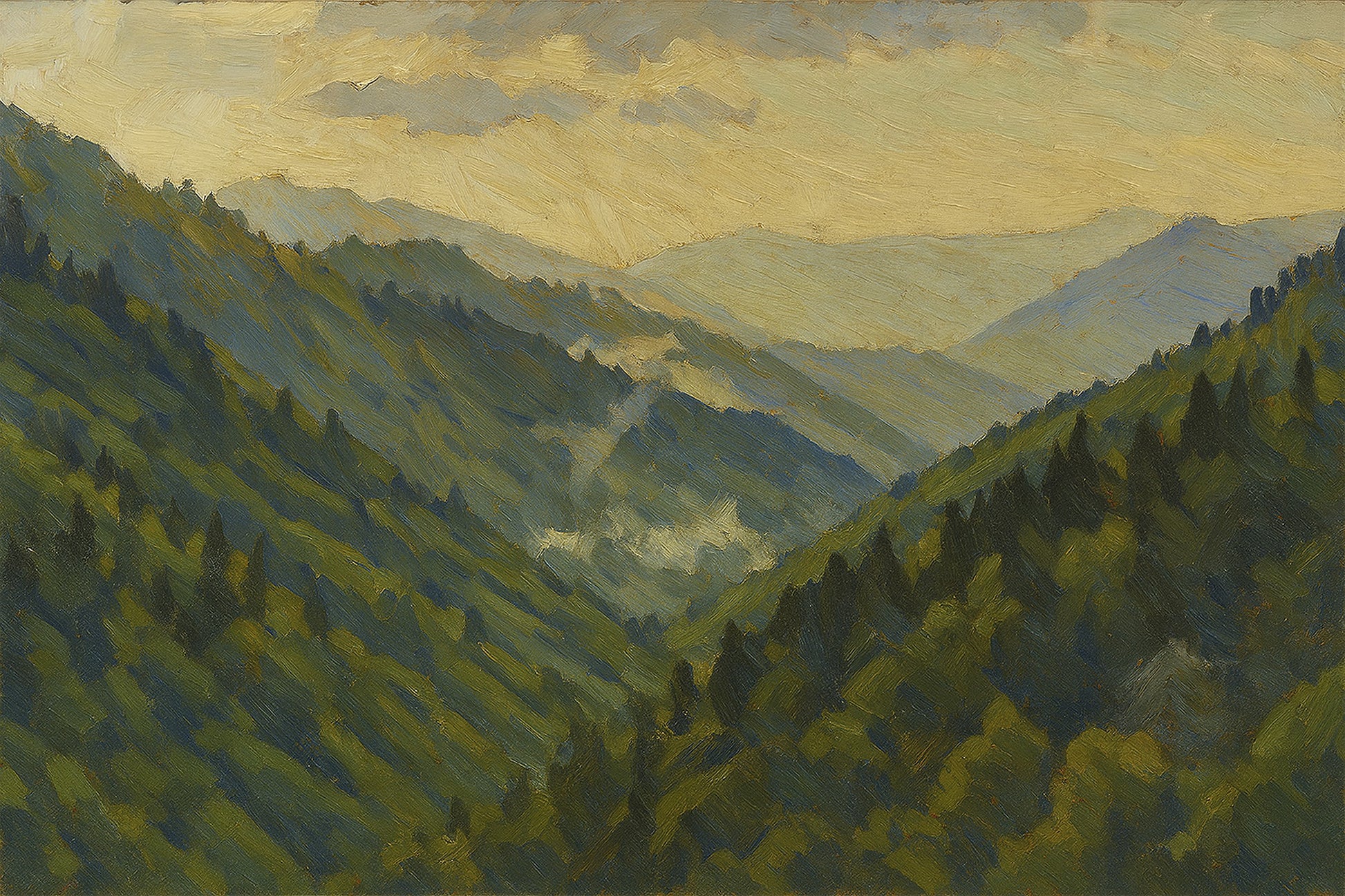 Dense green forested ridges descending into a misty valley with a warm golden sky above.