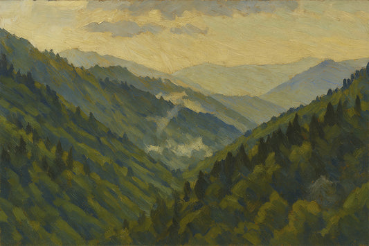 Landscape view of Newfound Gap in Great Smoky Mountains National Park, Tennessee, featuring dense green forested ridges descending into a misty valley with a warm golden sky above.