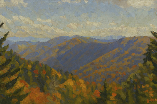 Landscape view of Newfound Gap in Great Smoky Mountains National Park, Tennessee, featuring autumn foliage in gold, orange, and red across layered ridges with a cloudy sky above.