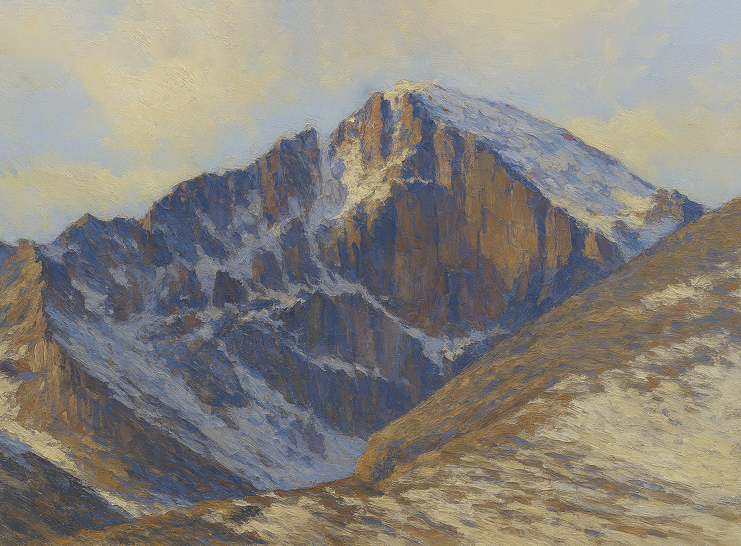 Snow-streaked east face of Longs Peak rising under a grey overcast sky with deep blue shadows across the rock.