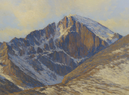 Landscape view of Longs Peak in Rocky Mountain National Park, Colorado, featuring the snow-streaked east face rising under a grey overcast sky with deep blue shadows across the rock.
