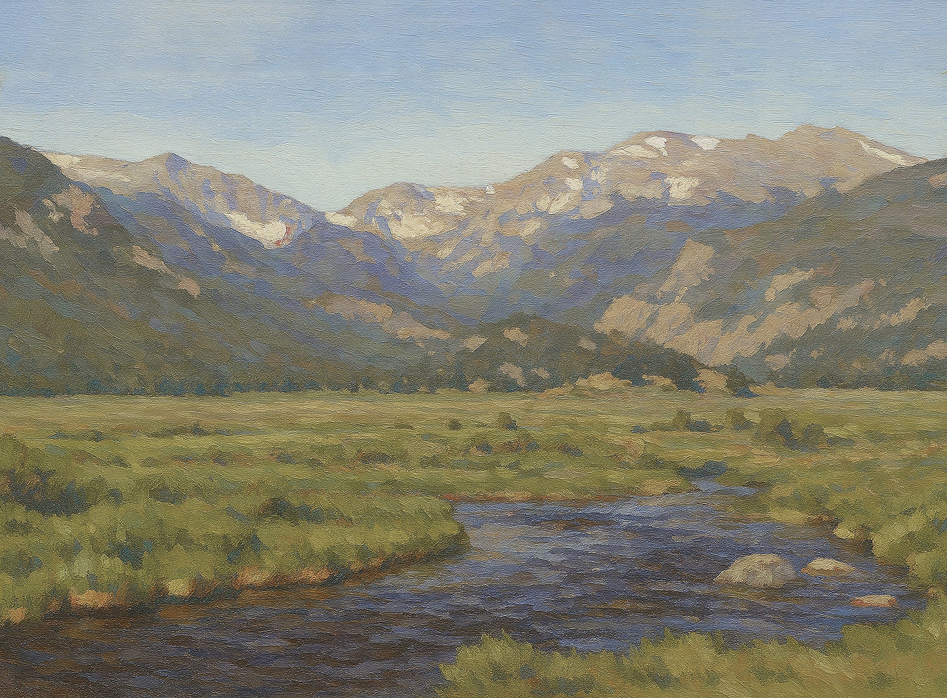 Winding stream through a green summer meadow with snow-capped peaks beyond a dark treeline.