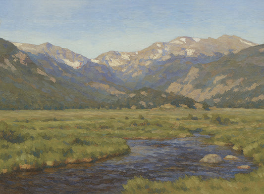 Landscape view of Moraine Park in Rocky Mountain National Park, Colorado, featuring a winding stream through a green summer meadow with snow-capped peaks beyond a dark treeline.