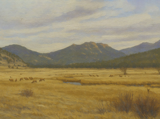 Landscape view of Moraine Park in Rocky Mountain National Park, Colorado, featuring a herd of elk grazing across a golden meadow with blue-grey forested mountains beyond.