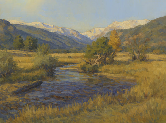 Winding stream through a golden autumn meadow with turning aspens and snow-capped peaks beyond.