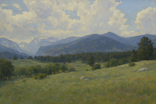 Rolling green summer meadow with scattered pines and a deep blue mountain beneath dramatic cumulus clouds.