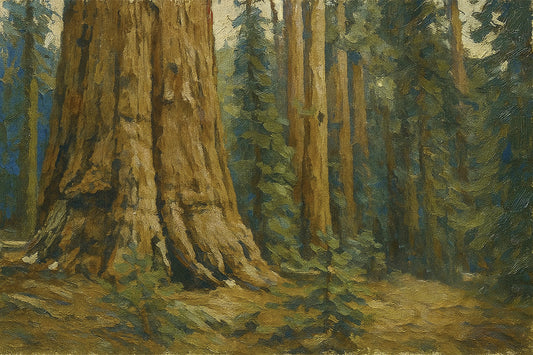 Massive cinnamon-red sequoia trunks rising from a shadowy forest floor with cool green foliage beyond.