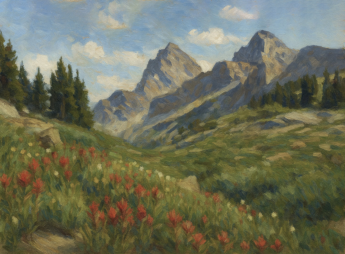 Red Indian paintbrush and white wildflowers in the foreground with jagged grey peaks and pines beyond.