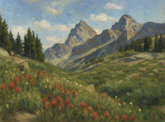 Red Indian paintbrush and white wildflowers in the foreground with jagged grey peaks and pines beyond.