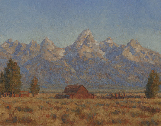 Iconic red barn on sage flats with the full snow-capped Teton Range spanning the horizon.
