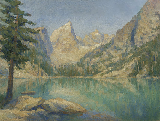 Turquoise lake reflecting soaring Teton peaks with boulders and a lone pine in the foreground.