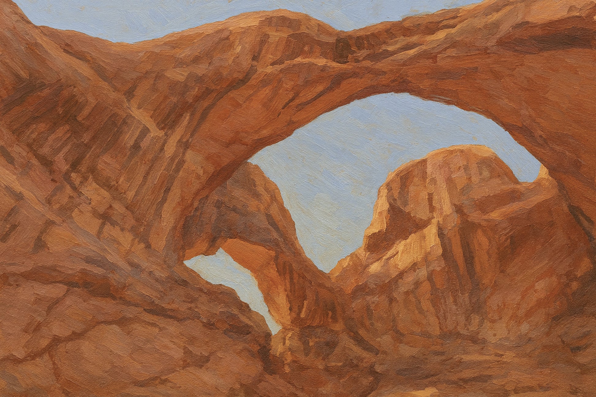 Dramatic view of Double Arch towering overhead with its sweeping sandstone span and shadowed alcoves.