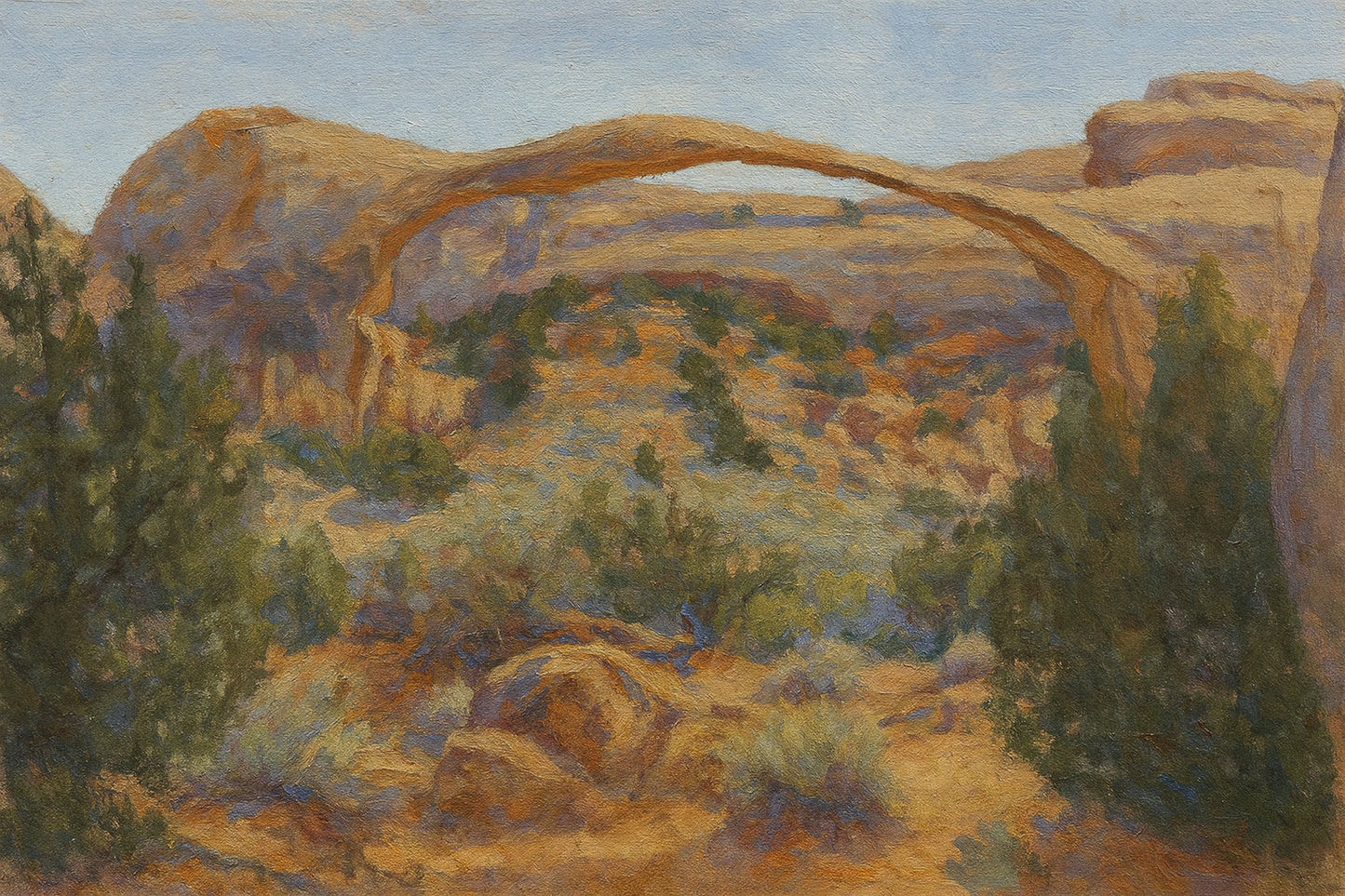 Landscape Arch stretching like a ribbon across the desert sky above juniper-dotted slickrock.