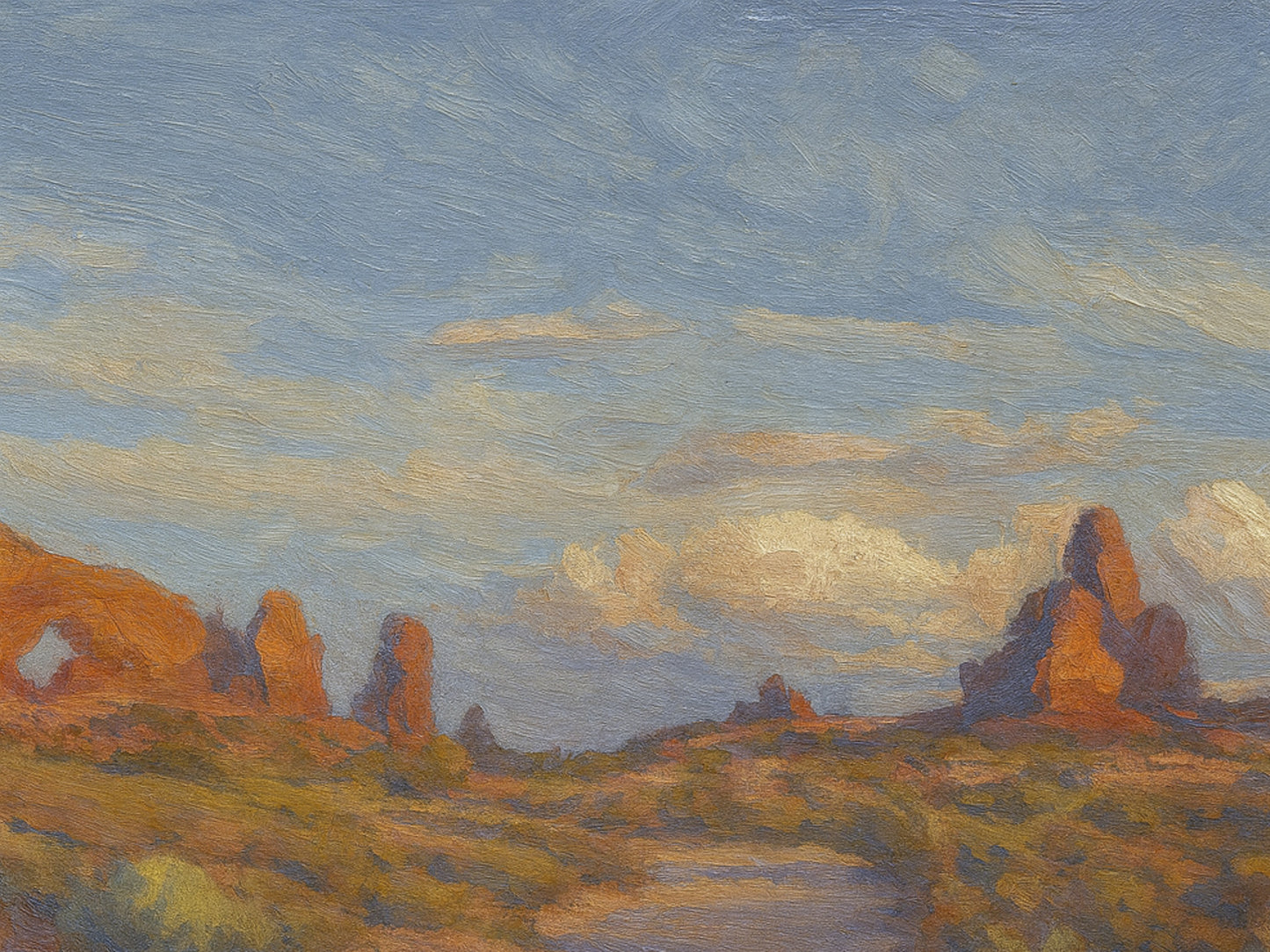 Dusty trail winding through sage and sunlit sandstone toward distant rock fins and spires under a wide sky.