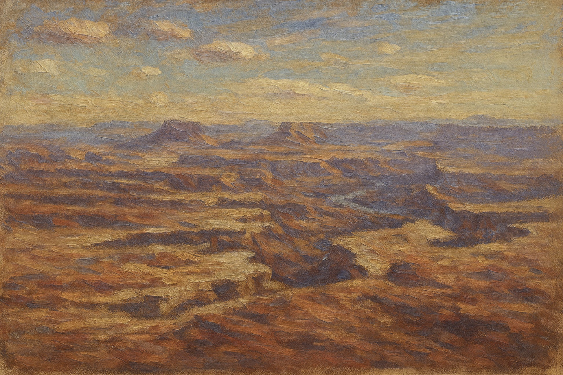 Vast Grand Canyon panorama of layered mesas and shadowed ravines beneath a luminous cloud-dappled sky.