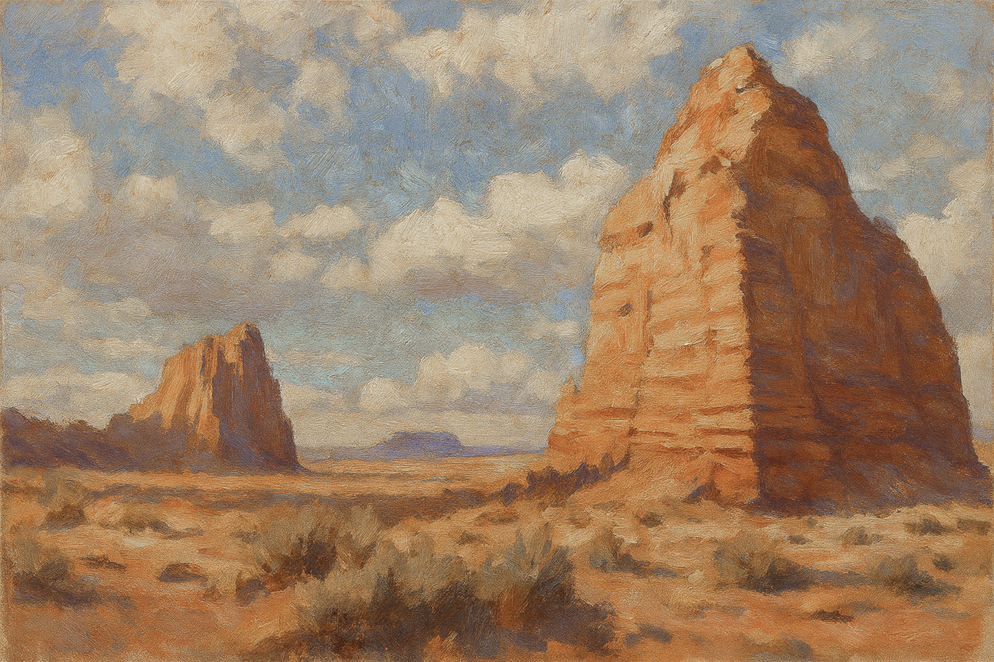 Massive sandstone dome rising above a desert plain under a wide blue sky in Capitol Reef.
