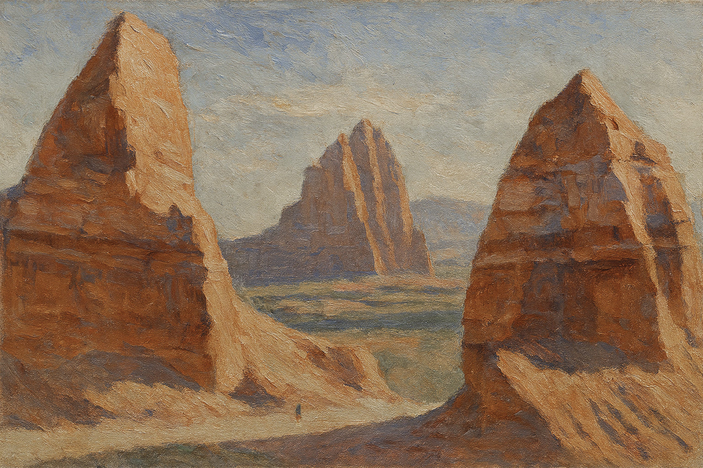 Towering Cathedral Valley butte glowing under drifting summer clouds in a vast desert plain.