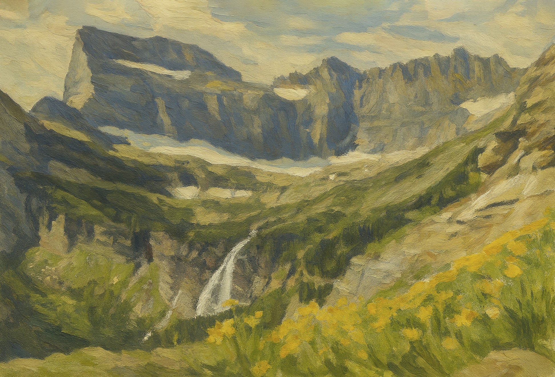 Grinnell Falls ribboning down into the valley below the Garden Wall with wildflowers and misty green slopes in the foreground.