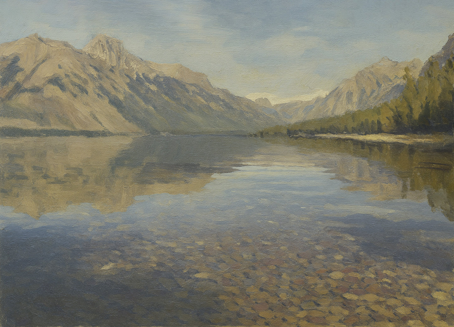 Lake McDonald mirroring surrounding mountains in still water over a pebble-lined shore at Apgar.