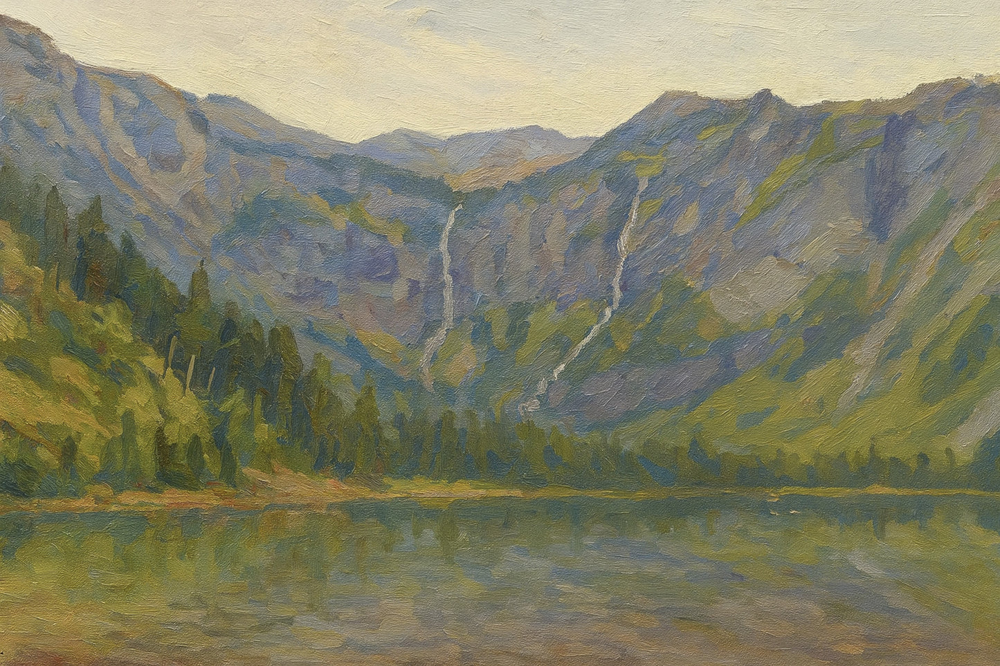 Avalanche Lake mirroring steep forested slopes and distant peaks in calm water at morning light.