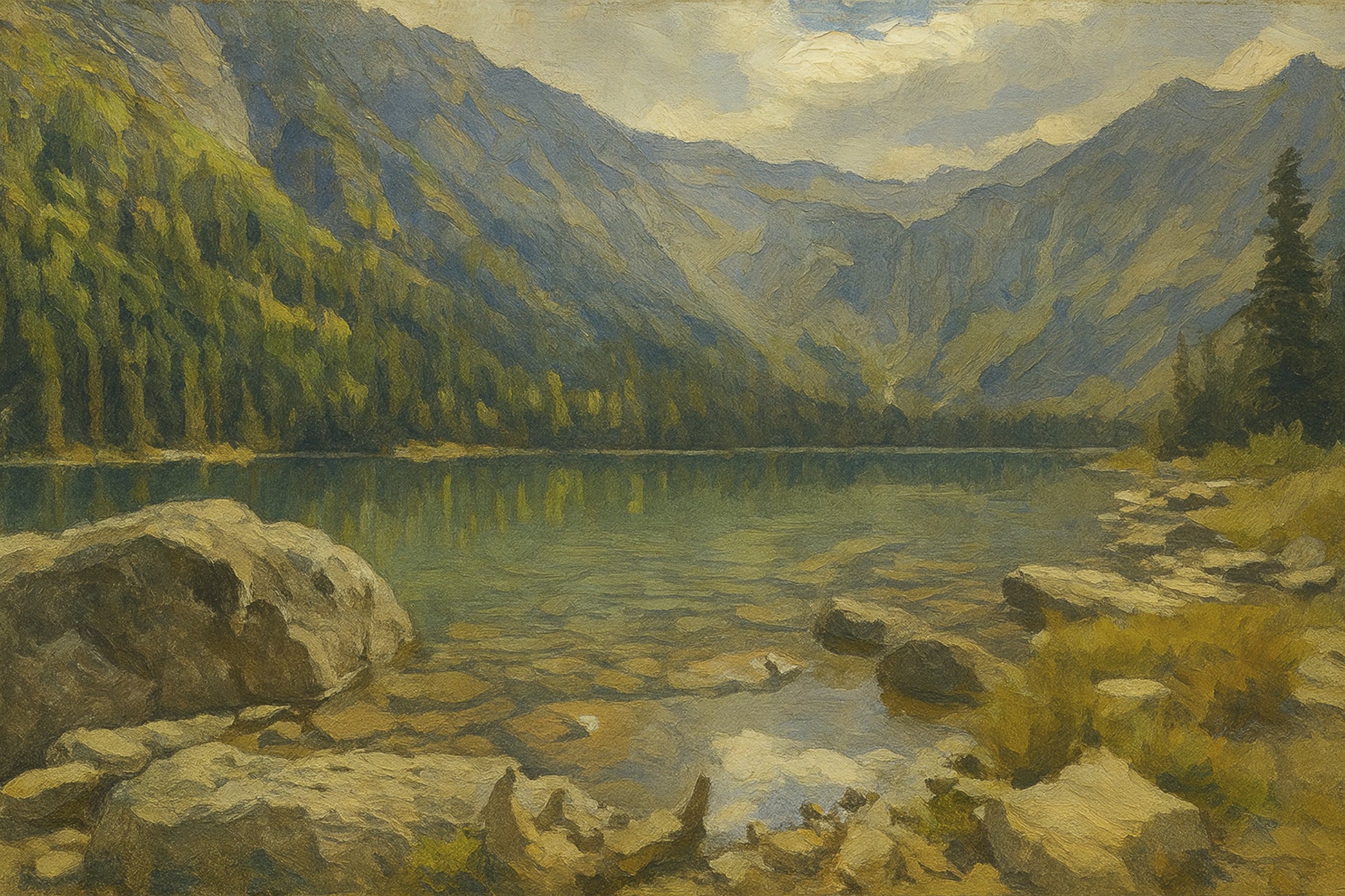 Avalanche Lake beneath steep sunlit mountain walls and dark evergreen forests with a rocky pebbled shoreline.