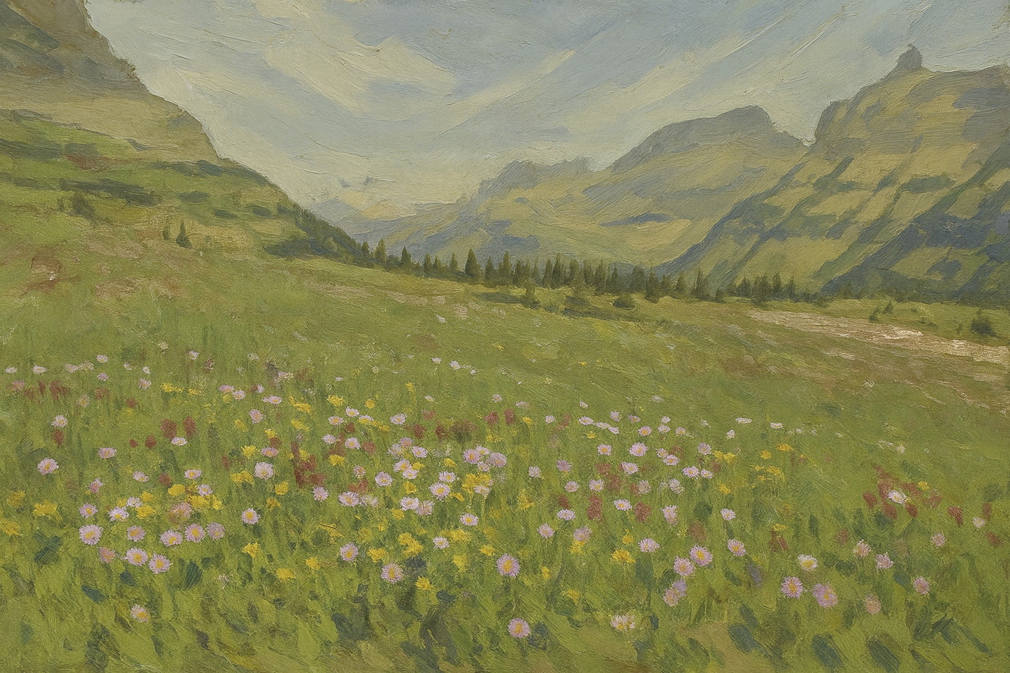 Carpet of wildflowers across the Logan Pass alpine meadow with layered Glacier peaks rising beyond dark bands of spruce and fir.