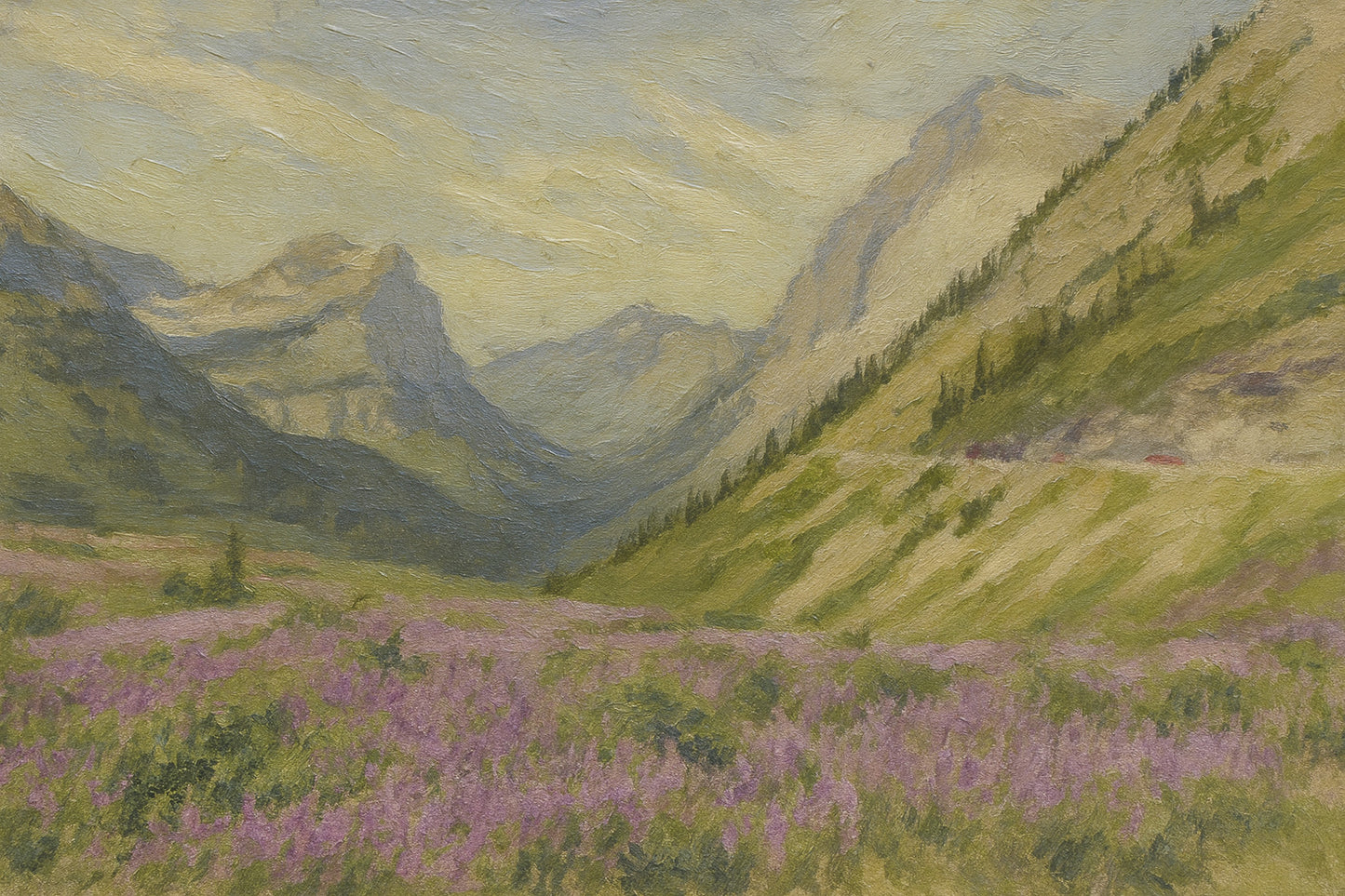 Red jammer bus winding along the Going-to-the-Sun Road surrounded by summer wildflowers and jagged peaks.
