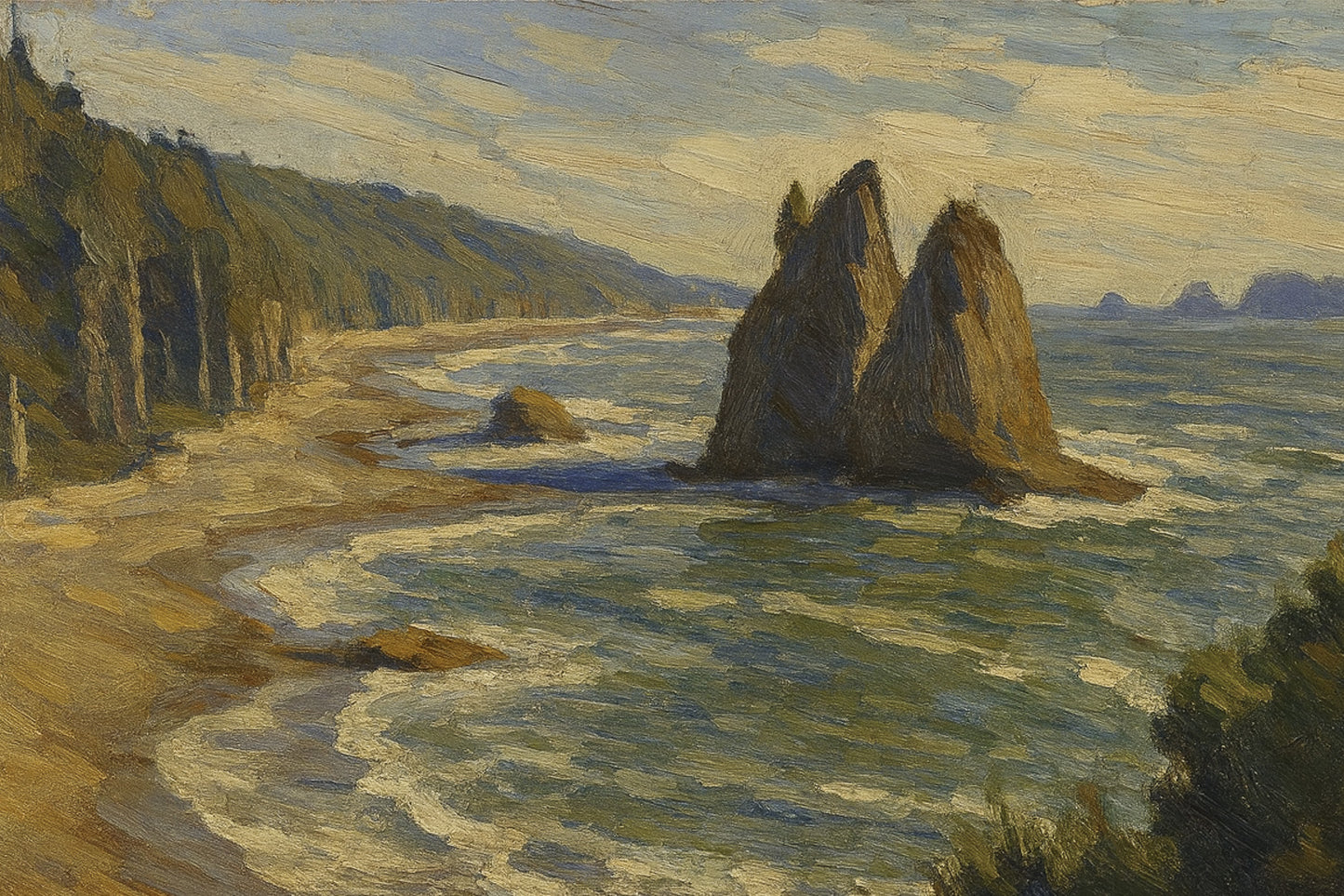 Sea stacks rising from a mist-shrouded Olympic coast with dark evergreen forests meeting the grey churning ocean.