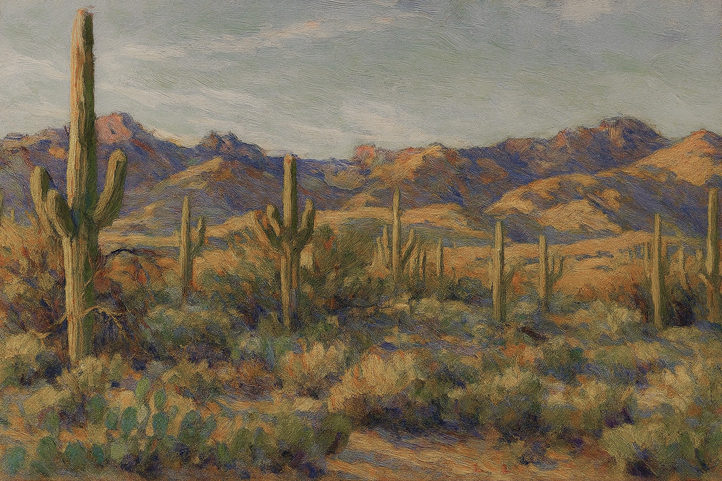 Giant saguaros standing over a desert floor blooming with wildflowers, silhouetted against a fiery orange and purple sunset.