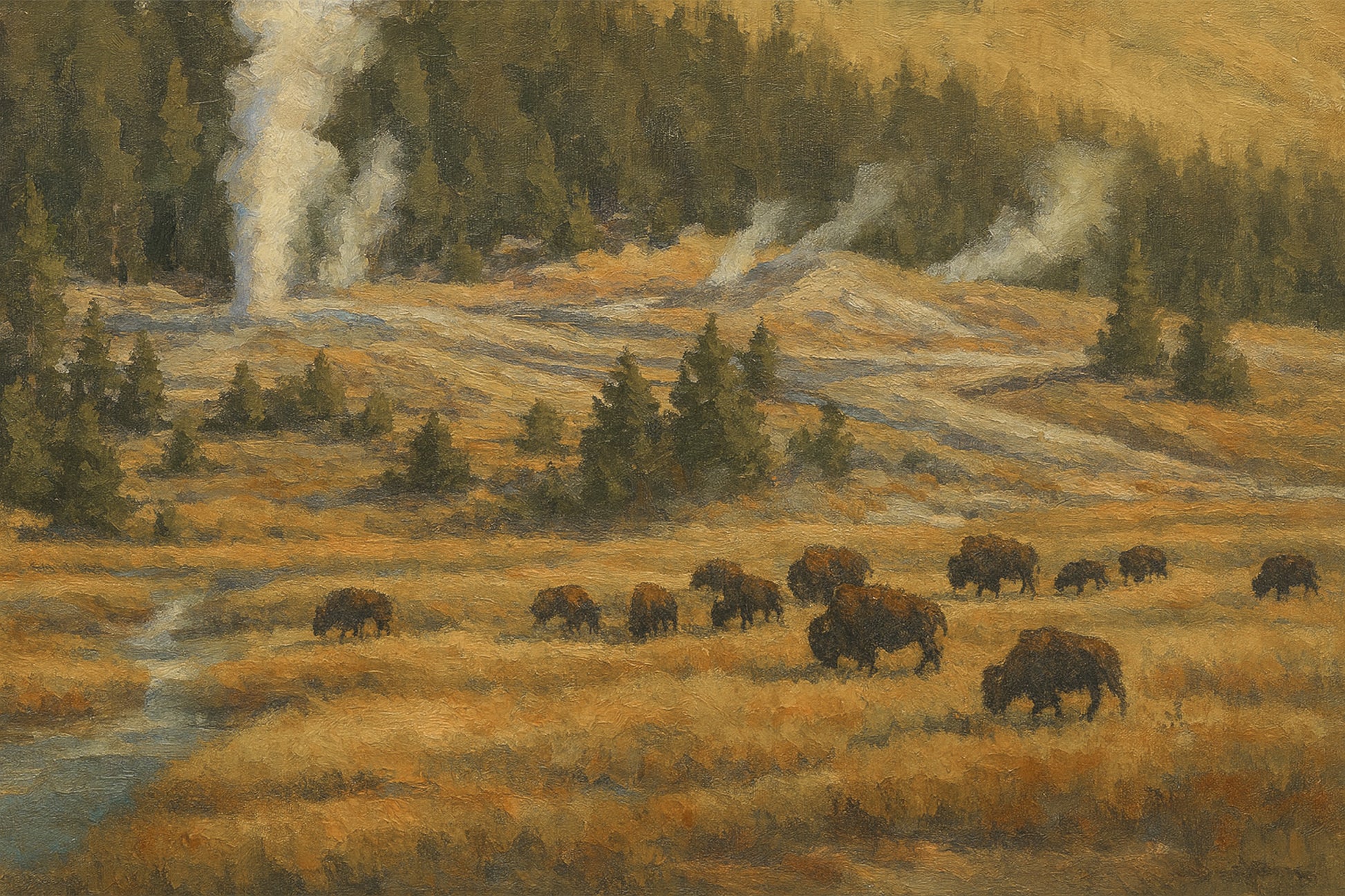 Bison standing in profile against a backdrop of geyser steam and lodgepole pines in Yellowstone's basin.