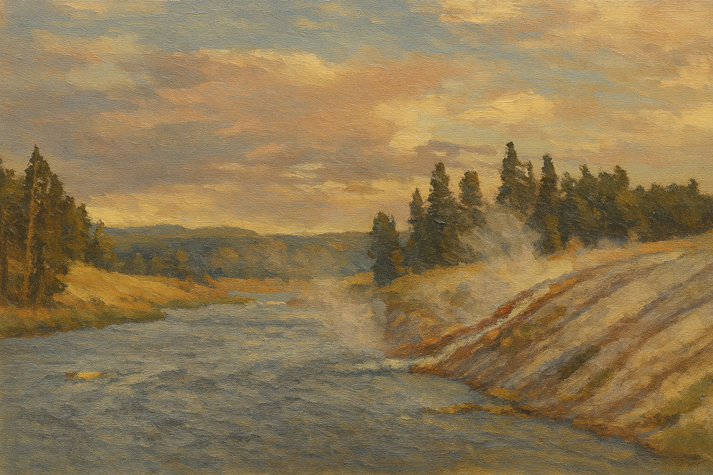 Firehole River slipping past sunlit banks and dark pines as geyser steam drifts into a golden sky.