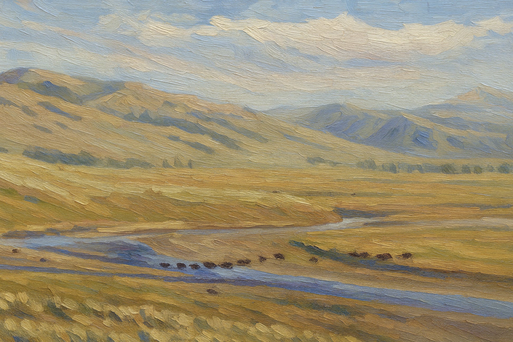 Solitary bison grazing in a golden valley beneath blue mountains with atmospheric haze in the distance.