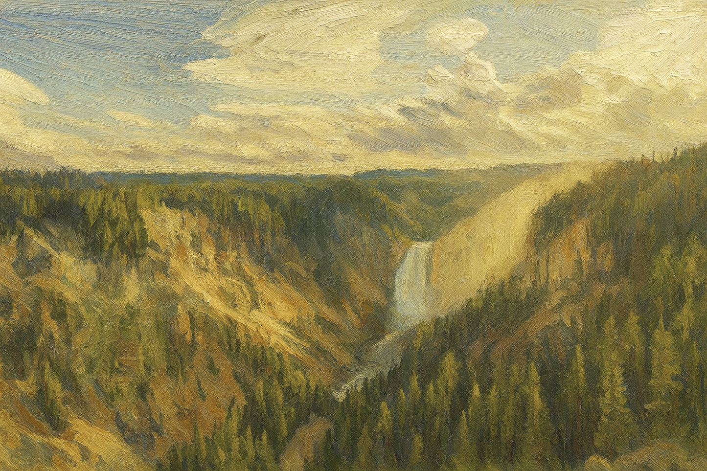 Grand Canyon of the Yellowstone glowing in gold and ochre walls with the Lower Falls dropping in a bright white sheet to the emerald river below.