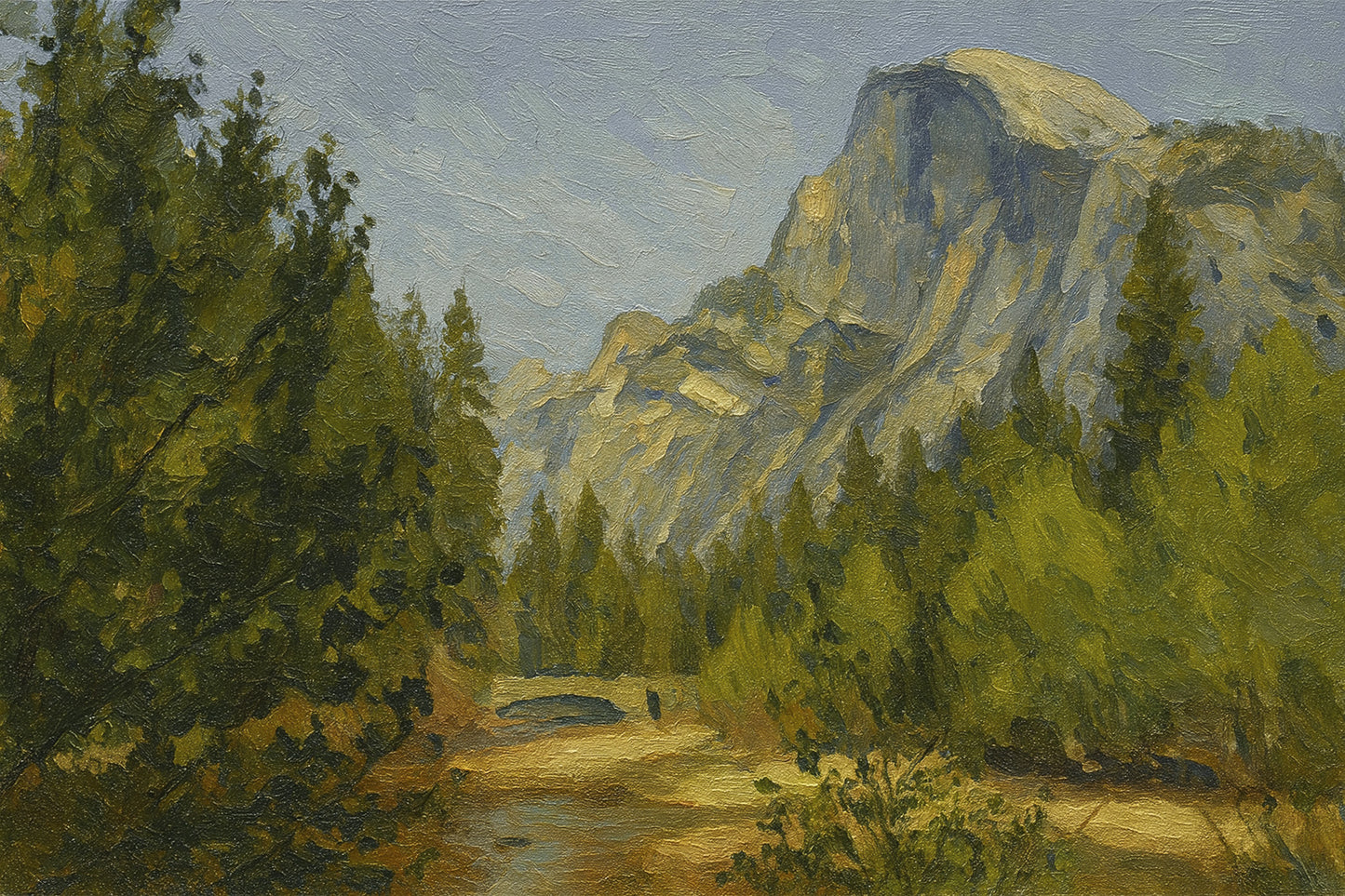 Half Dome looming beyond a sunlit meadow and dark pines with the Merced River in the foreground.
