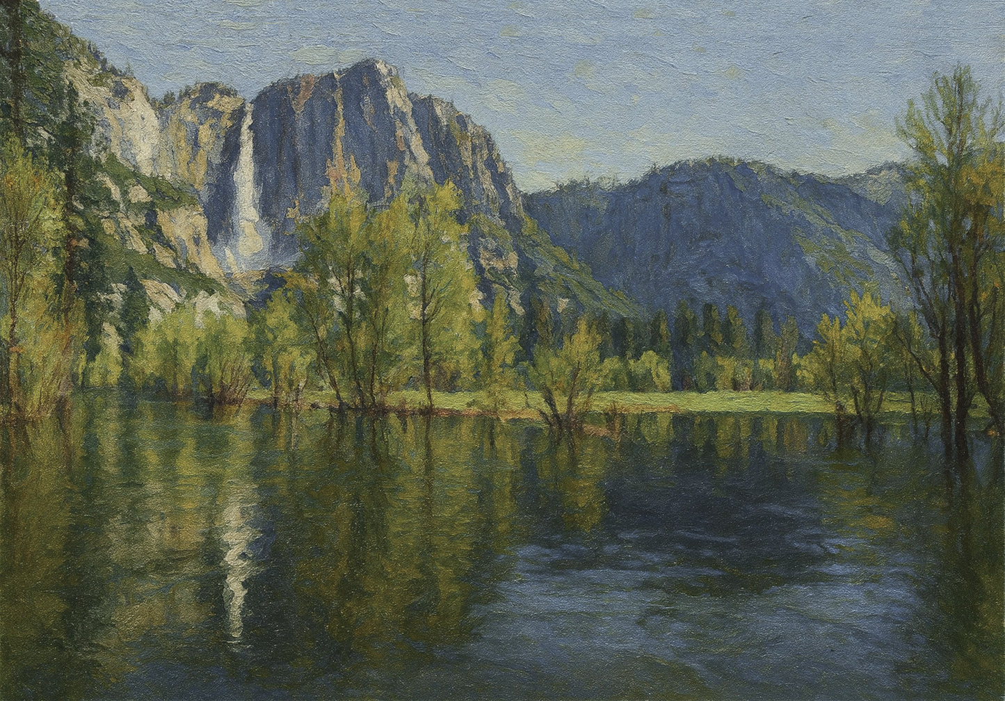Yosemite Falls dropping in a bright ribbon behind spring-green trees with their reflections in the valley below.