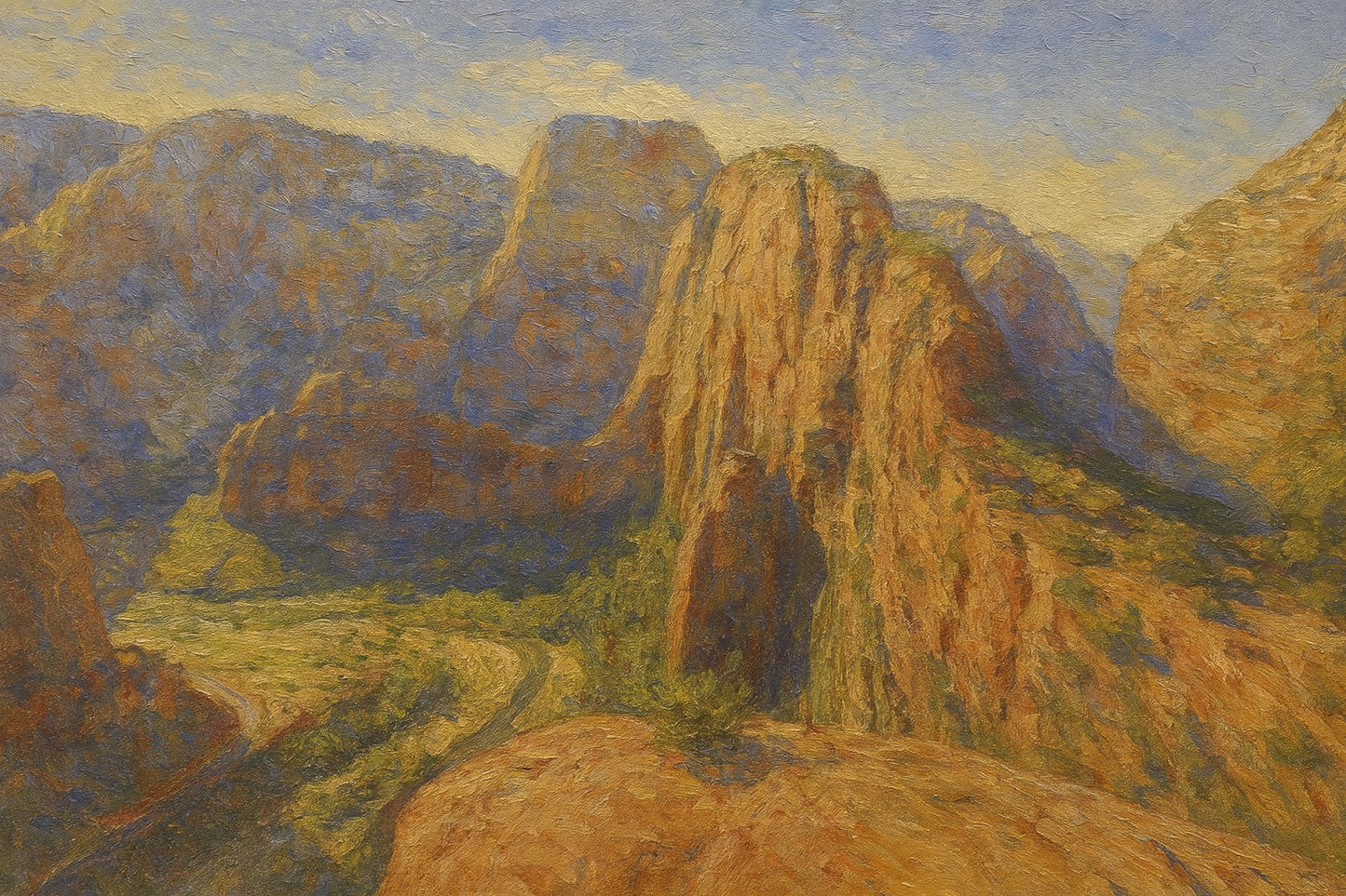 Sun-warmed sandstone spires rising over Zion's winding canyon under a soft, hazy sky.