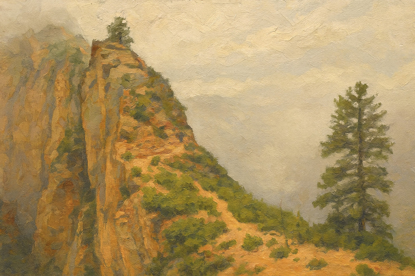 Lone pine clinging to a sunlit rust-and-ochre cliff face in Zion Canyon beneath a soft muted sky.