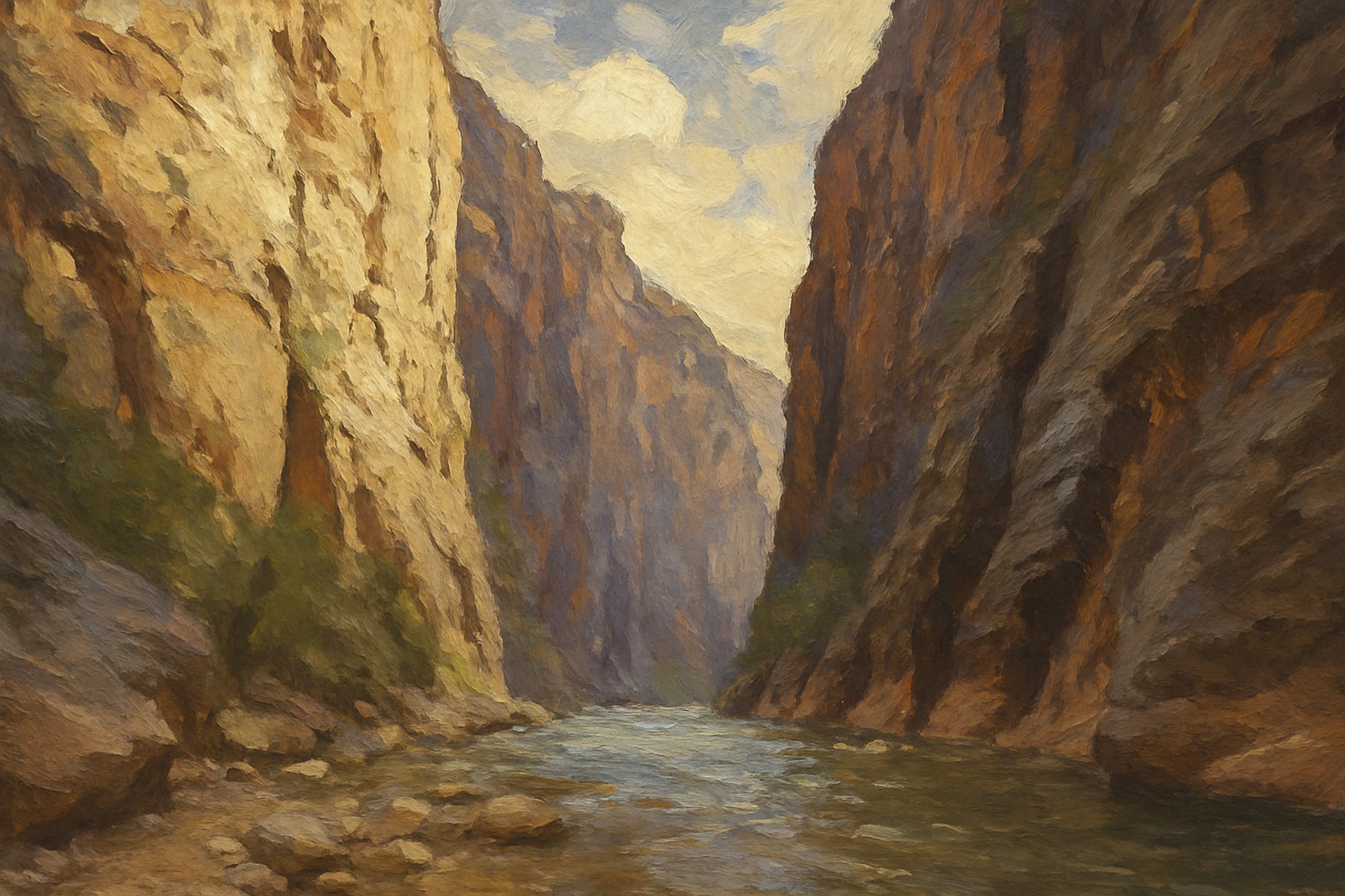 Sheer sandstone walls rising on both sides of the Narrows as the river threads through the canyon.