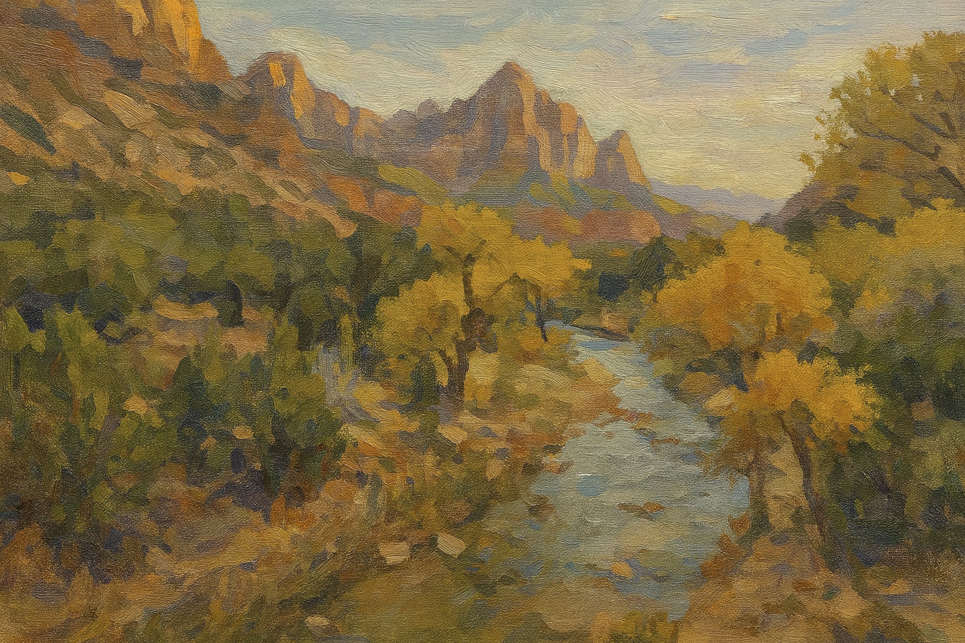 The Watchman rising above the winding Virgin River with cottonwoods shimmering along the banks.