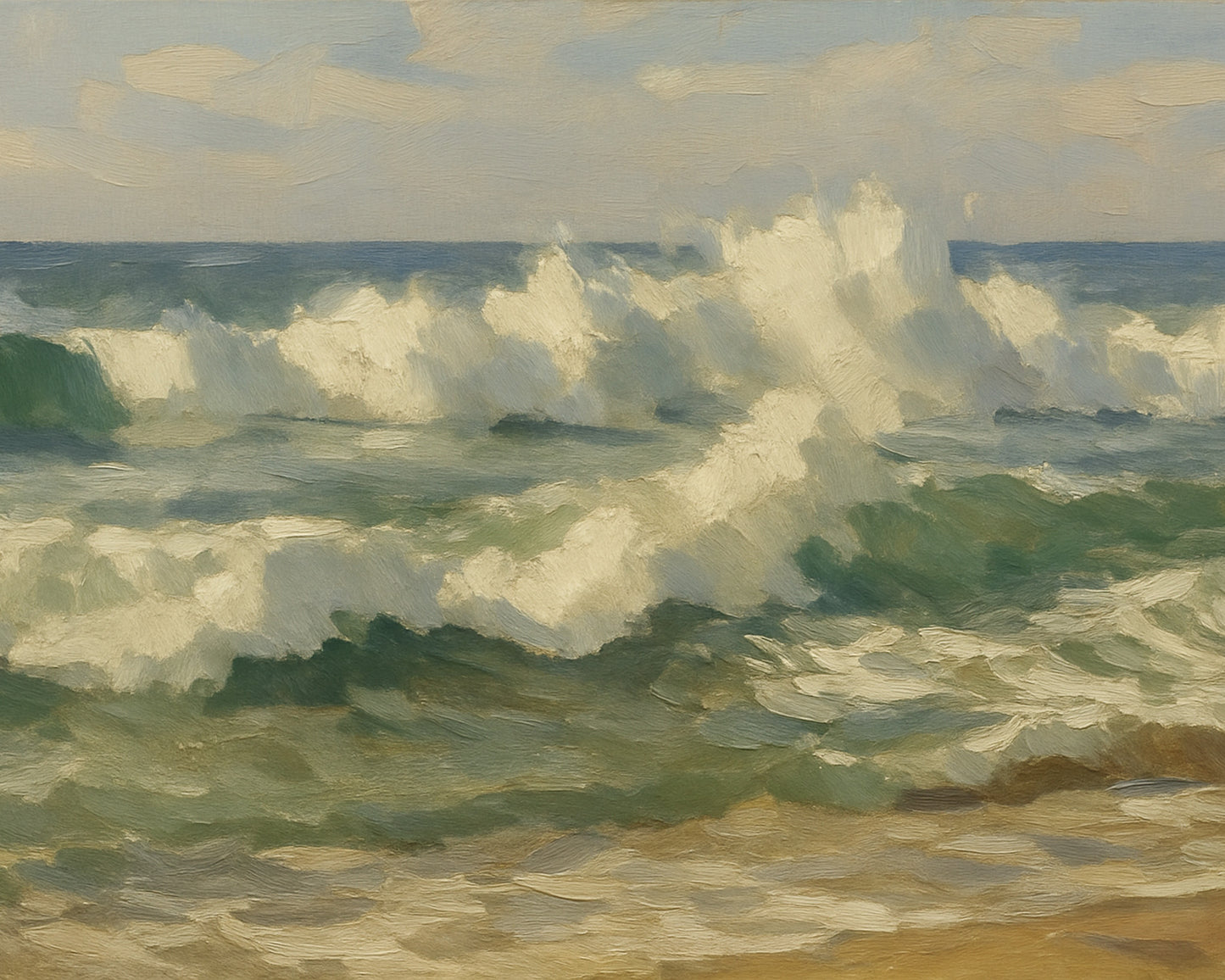 Up-close view of waves rolling in and folding into frothy white water as they surge toward shore.