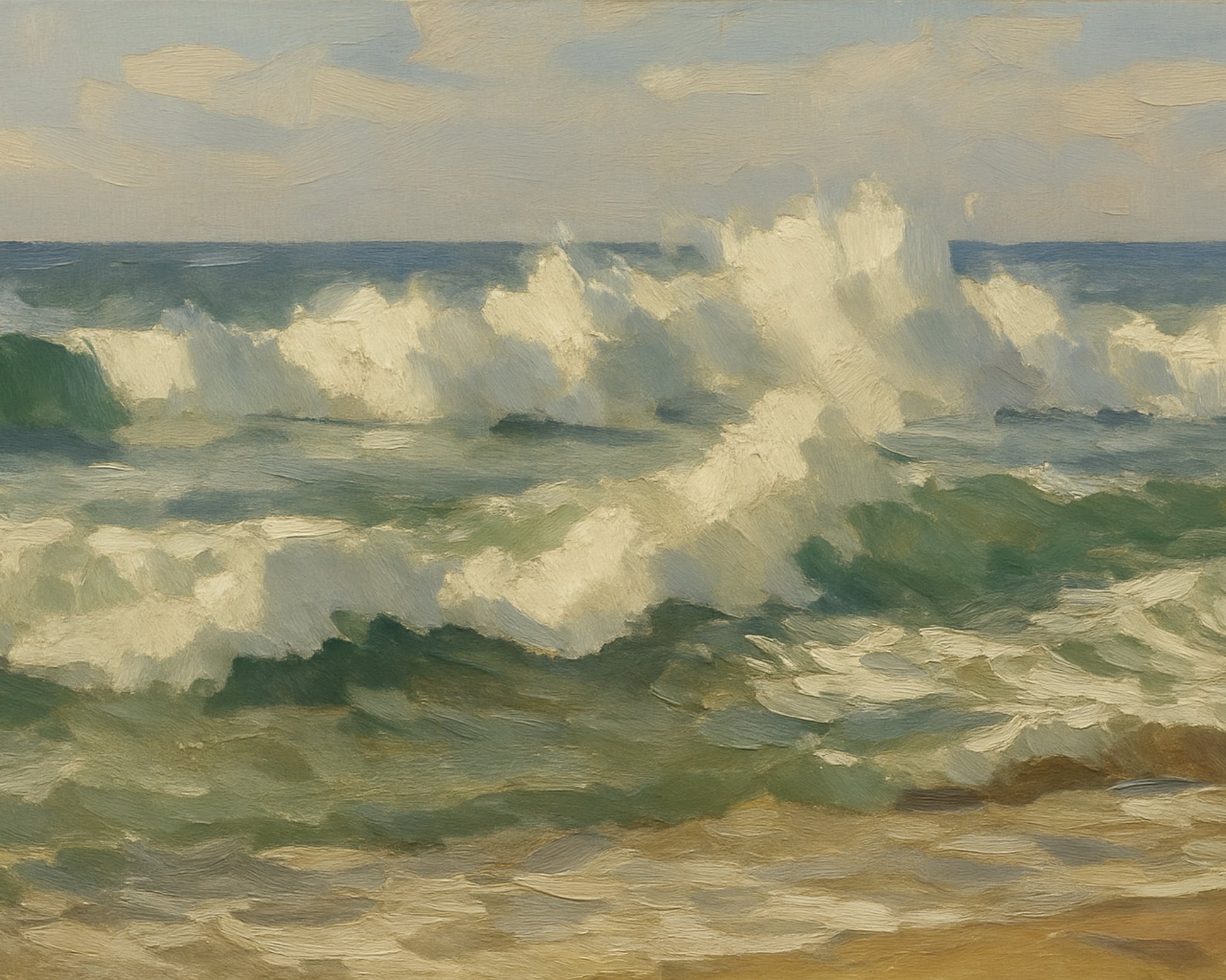 Up-close view of waves rolling in and folding into frothy white water as they surge toward shore.