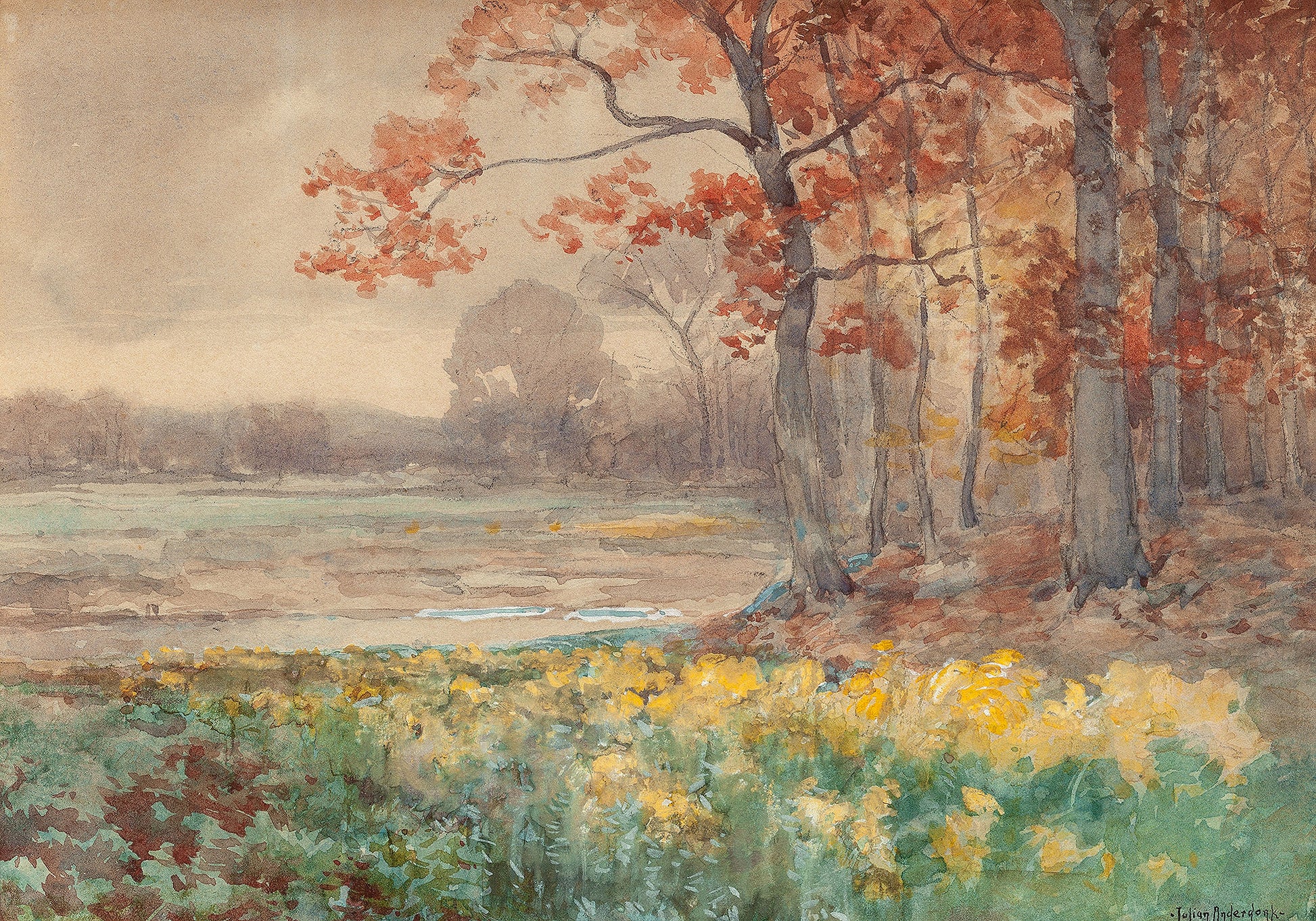Oil painting of Autumn Landscape by Julian Onderdonk, featuring golden wildflowers along a riverbank with autumn oaks in warm russet and amber tones beneath a soft grey sky.