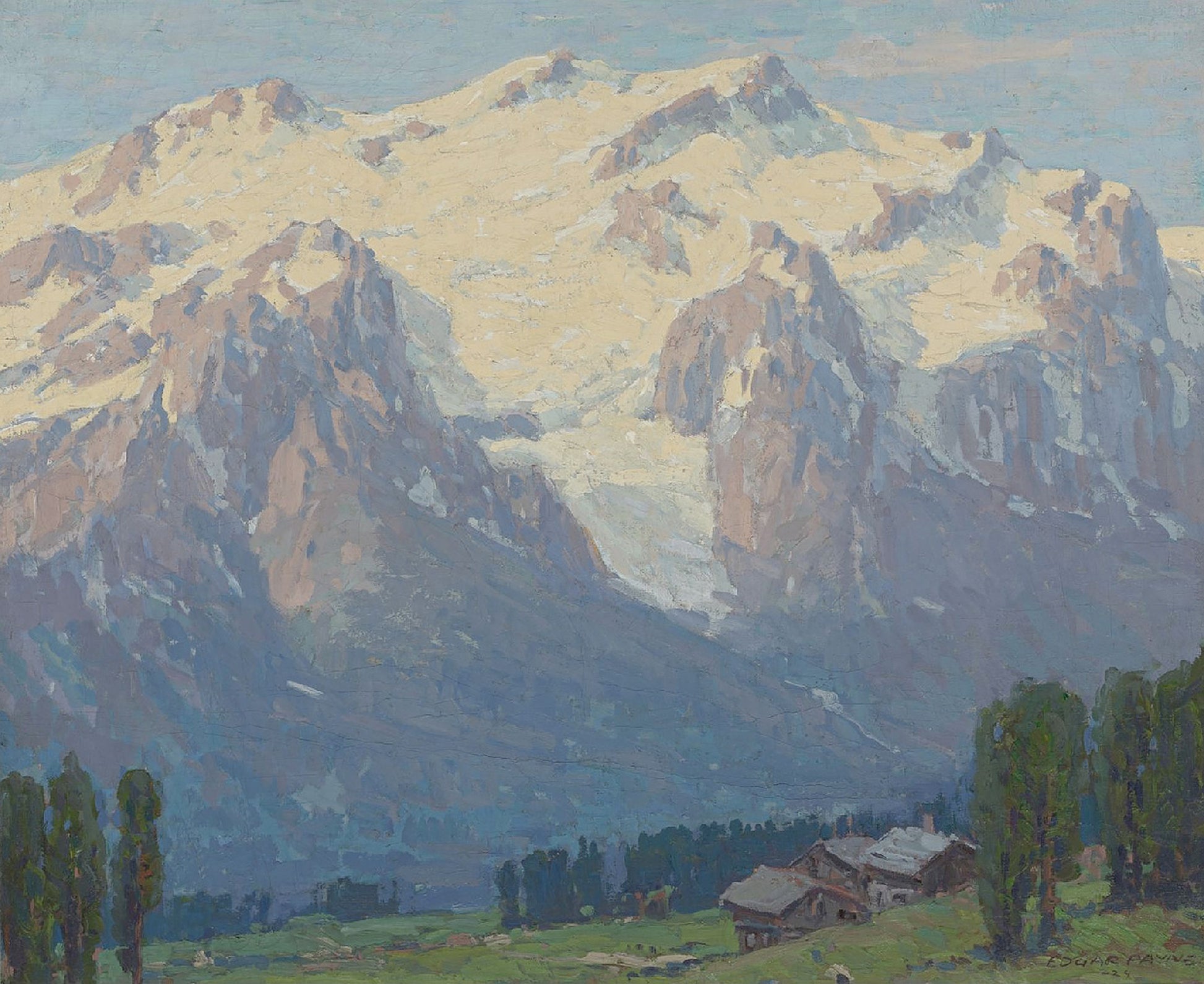Oil painting of Rosenlaui Heights by Edgar Payne, featuring massive snow-covered peaks of the Swiss Bernese Oberland above a small alpine farm with dark green conifers in the foreground valley.