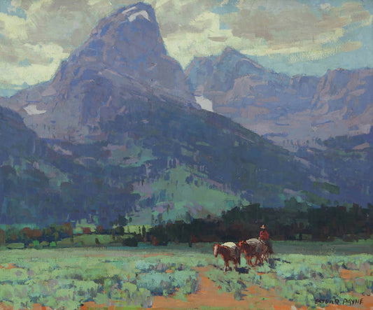 Oil painting of Rider Before the Peaks by Edgar Payne, featuring a lone packer with horses crossing a green sagebrush valley before a massive granite peak rising in blue-grey under a broken cloud sky.