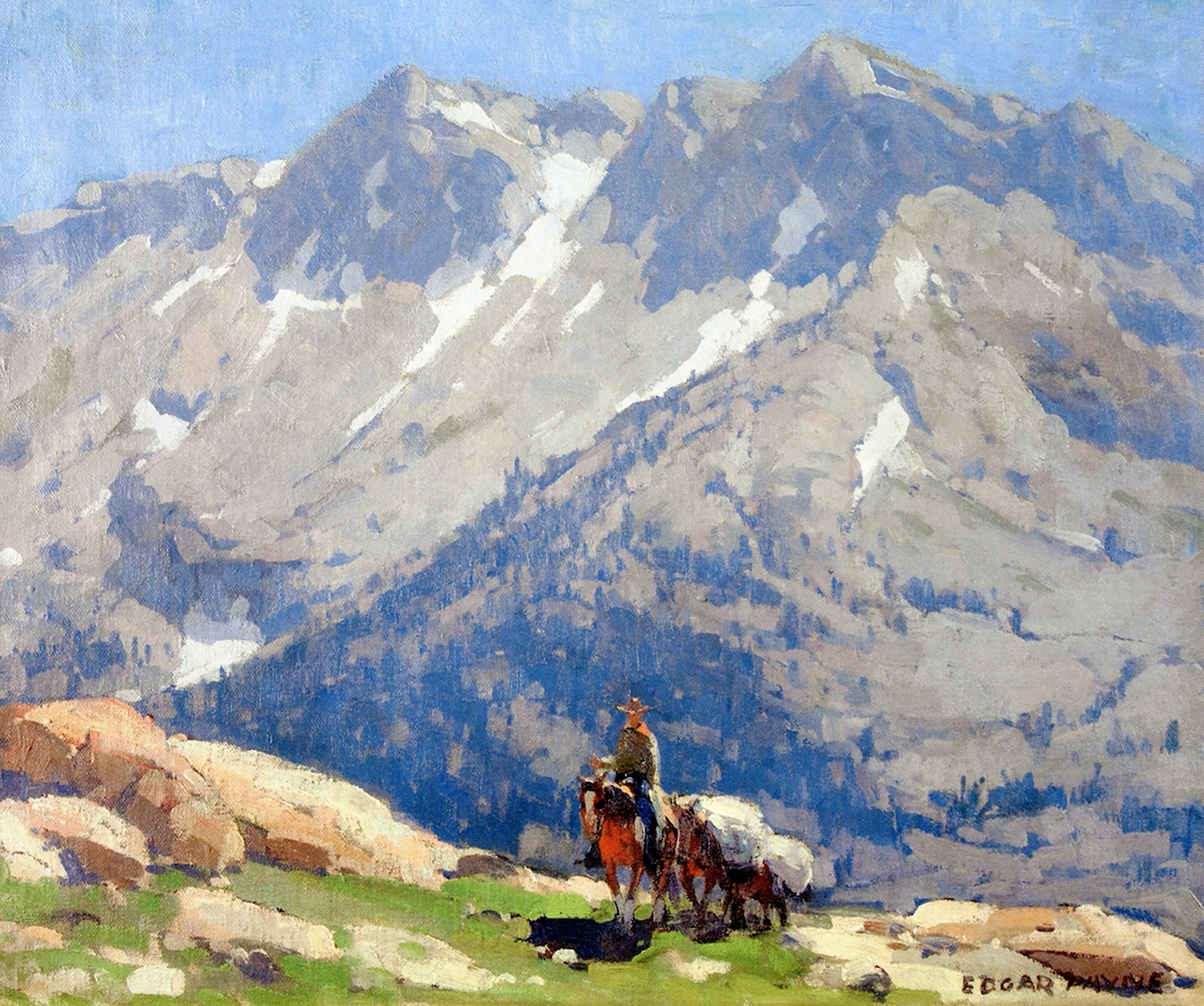 Oil painting of A Rider with Packhorses in the Sierra by Edgar Payne, featuring a lone rider leading pack animals through a sunlit rocky alpine meadow with dramatic snow-patched Sierra Nevada peaks behind.