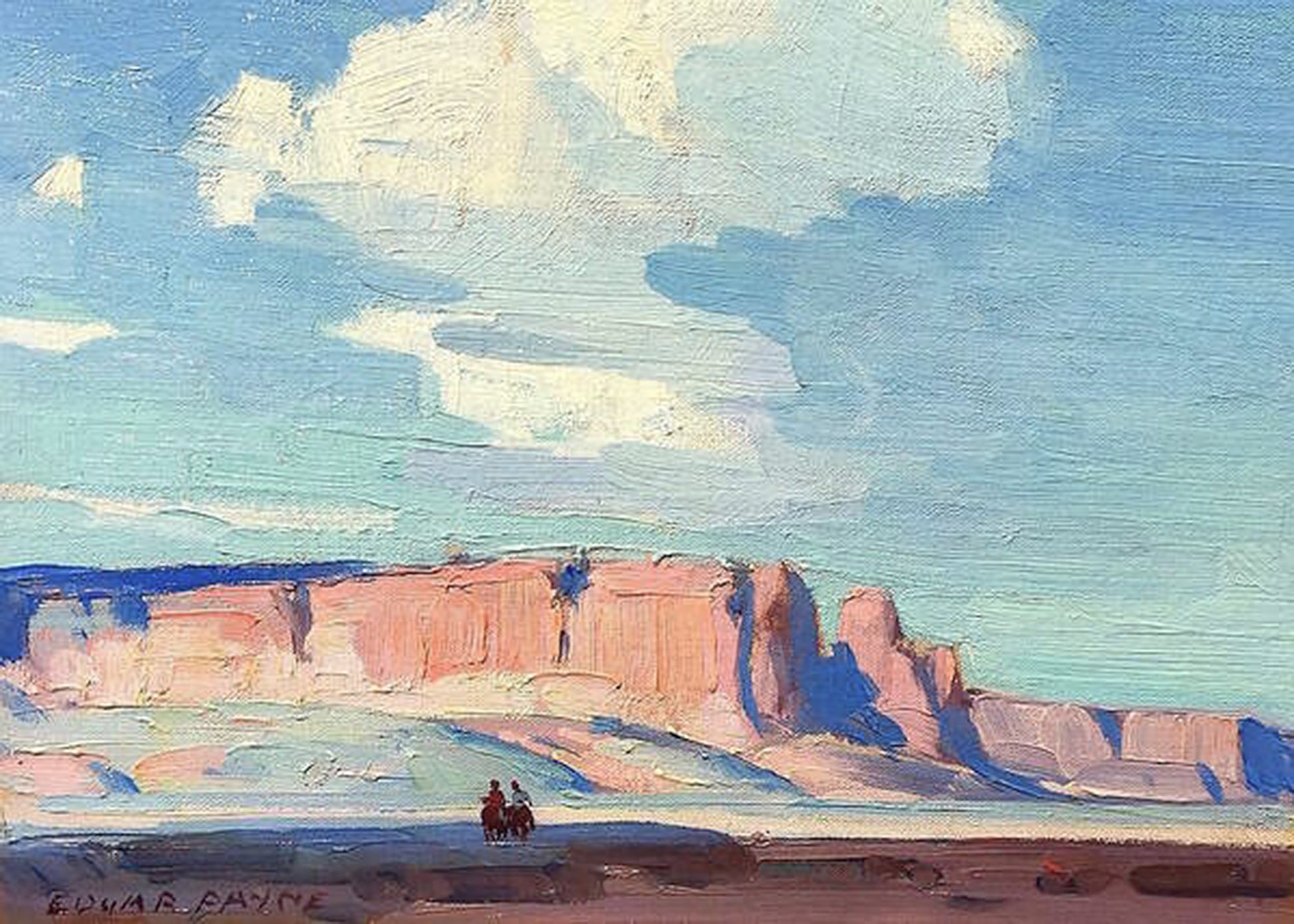 Oil painting of Arizona Clouds by Edgar Payne, featuring two tiny riders before a low band of glowing pink and terracotta desert mesas under an enormous luminous blue Arizona sky.