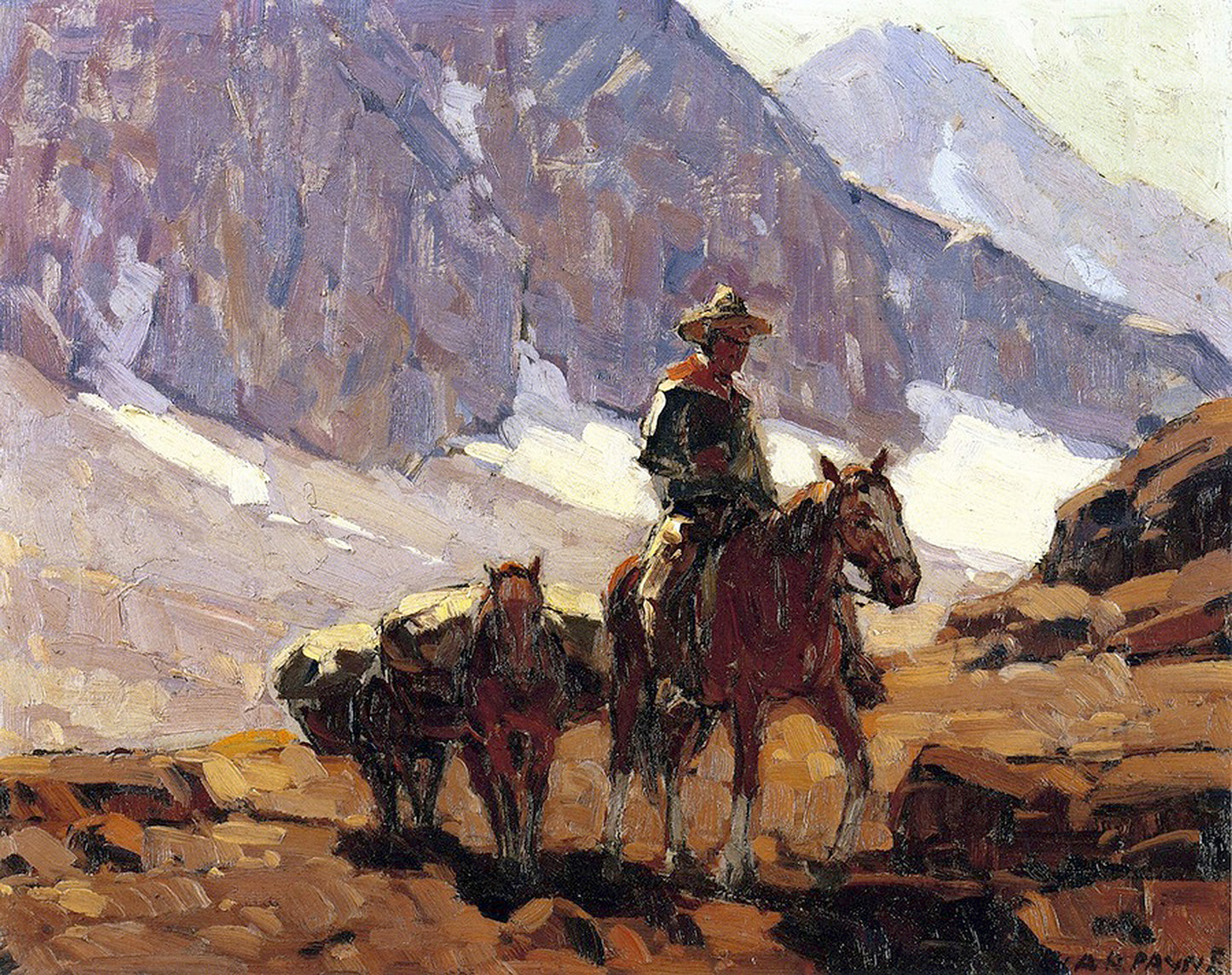 Oil painting of Bishop Pass by Edgar Payne, featuring a lone packer on horseback with pack animals on a rocky Sierra Nevada trail below the sheer purple and snow-streaked granite face of Bishop Pass.
